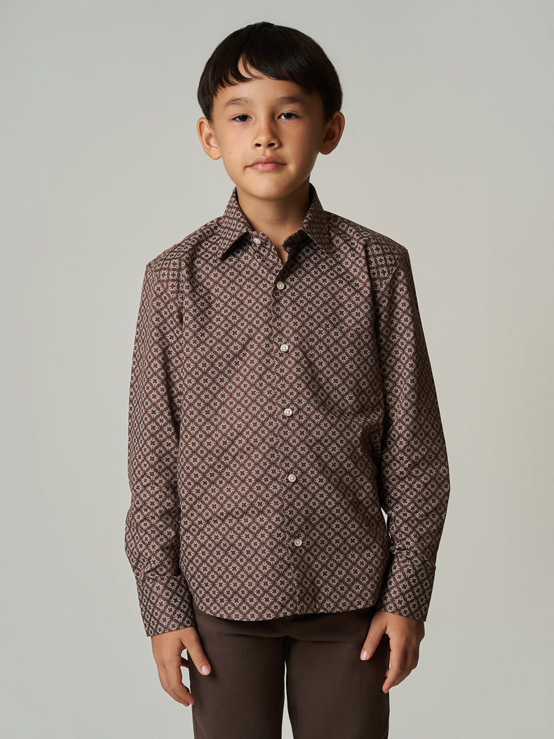 Brown Geometric Printed Cotton Lyocell Long Sleeve Shirt