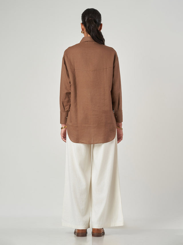 Brown Regular Fit Linen Blend Longline Shirt