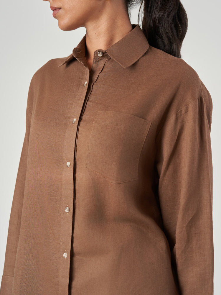 Brown Regular Fit Linen Blend Longline Shirt