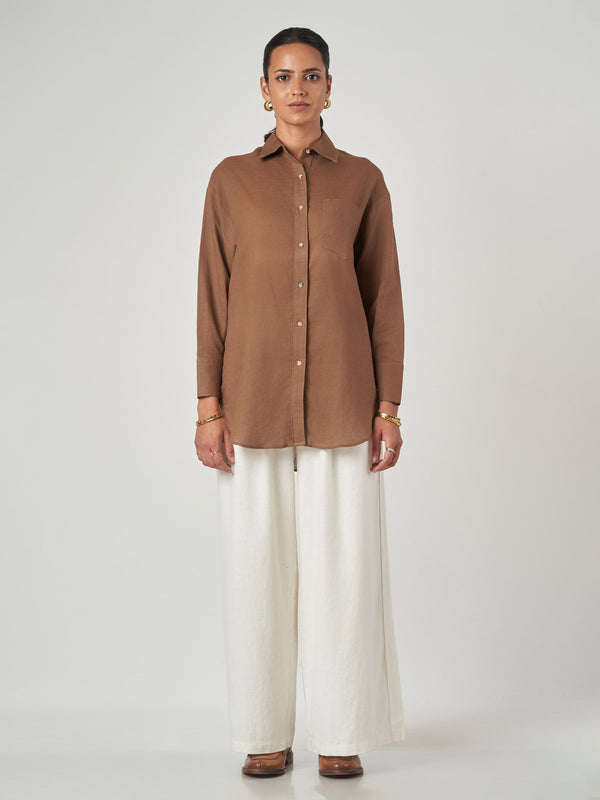Brown Regular Fit Linen Blend Longline Shirt