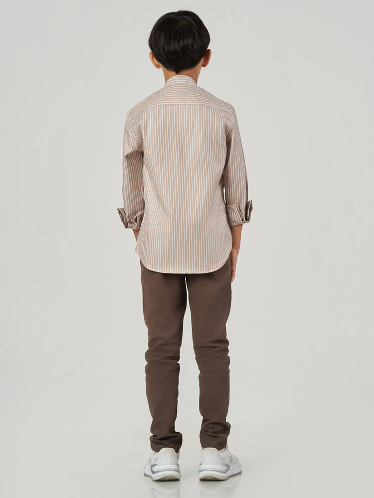 Brown Striped Cotton Linen Tunic Collar Long Sleeve Shirt