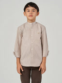 Brown Striped Cotton Linen Tunic Collar Long Sleeve Shirt