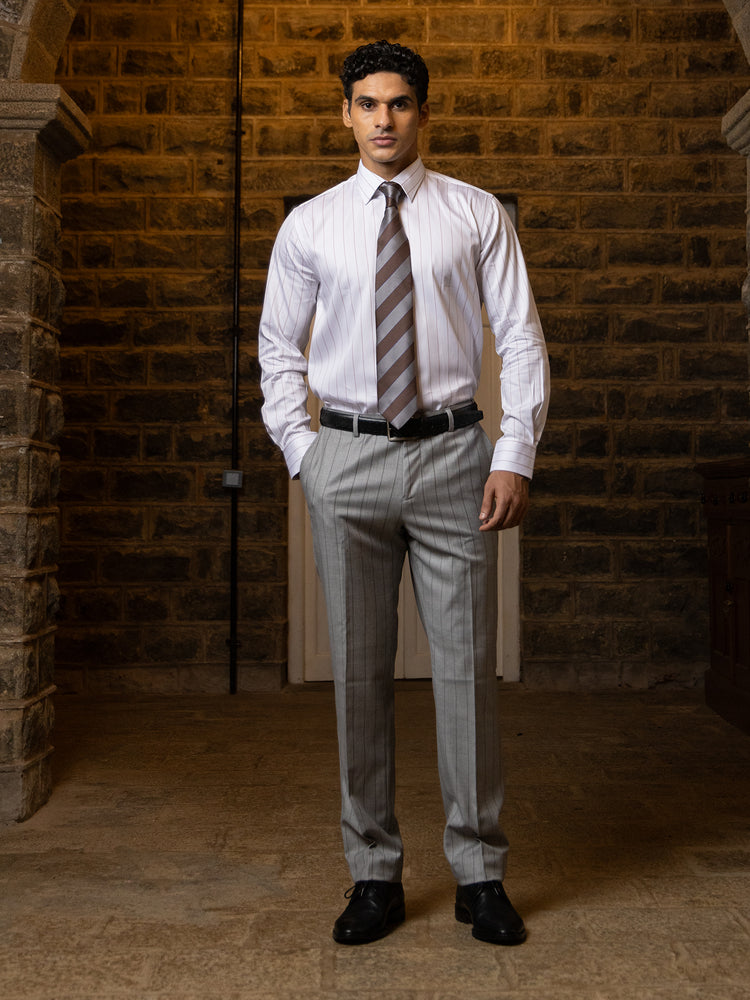 Brown Striped Cotton Tailored Fit Formal Shirt