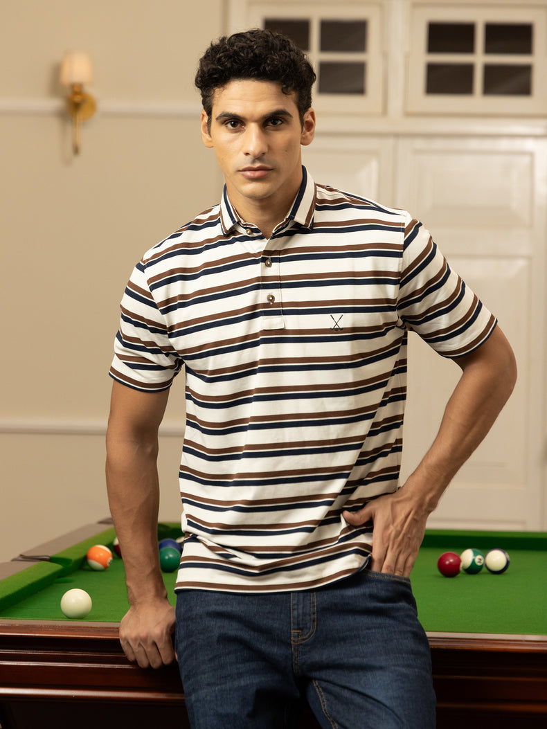 Brown Striped Regular Fit Polo T-Shirt