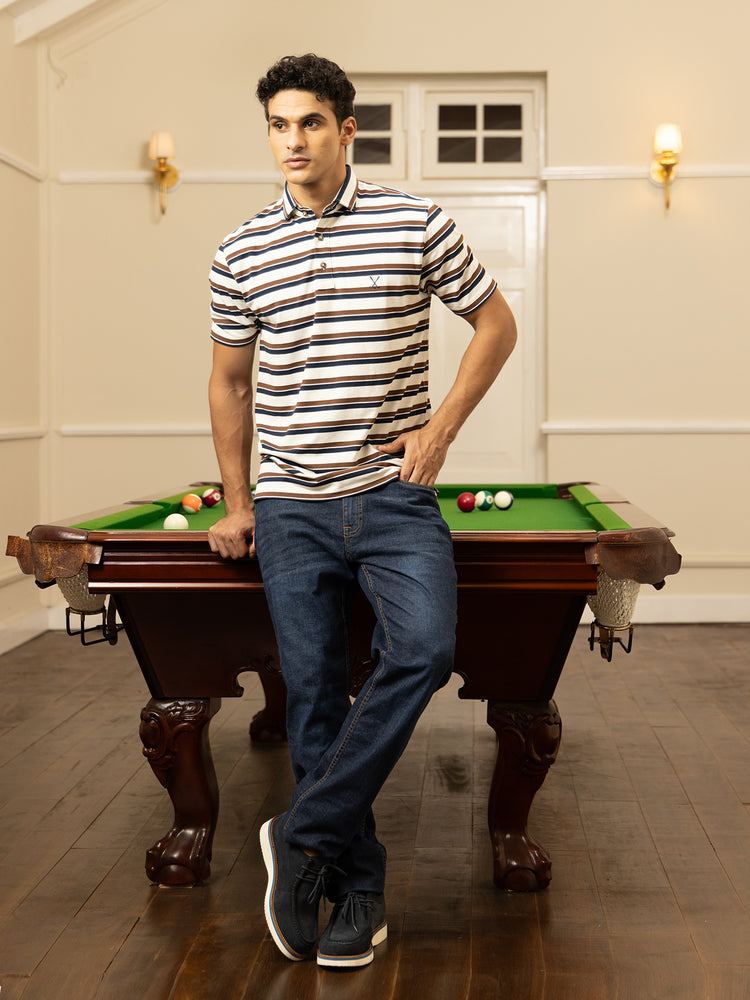Brown Striped Regular Fit Polo T-Shirt