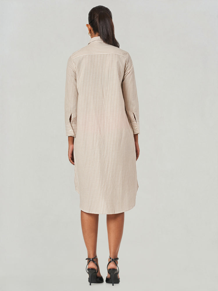 Brown Striped Relaxed Fit Midi Shirt Dress