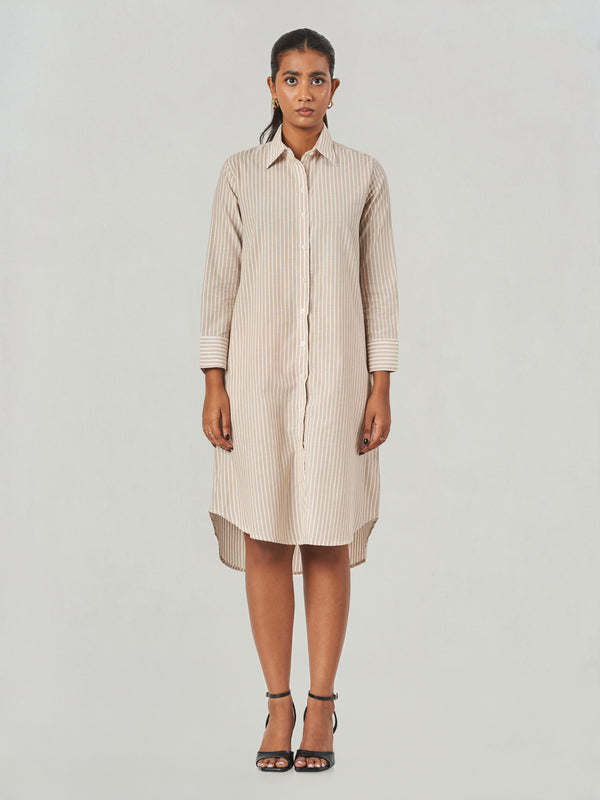 Brown Striped Relaxed Fit Midi Shirt Dress