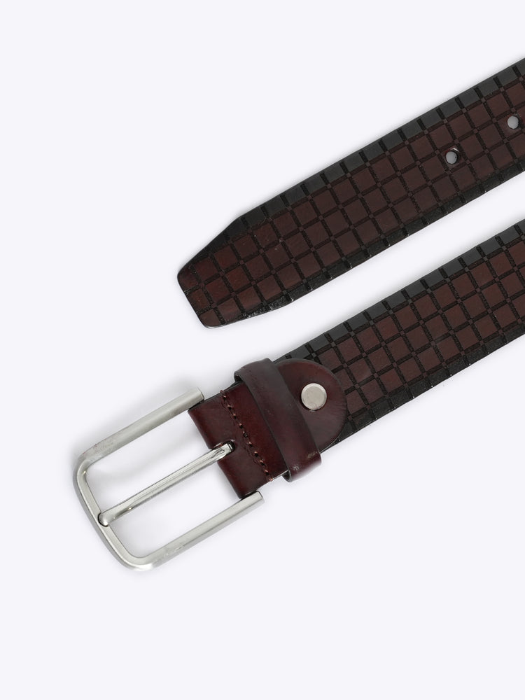 Checkered Grid Embossed Full Grain Leather Belt