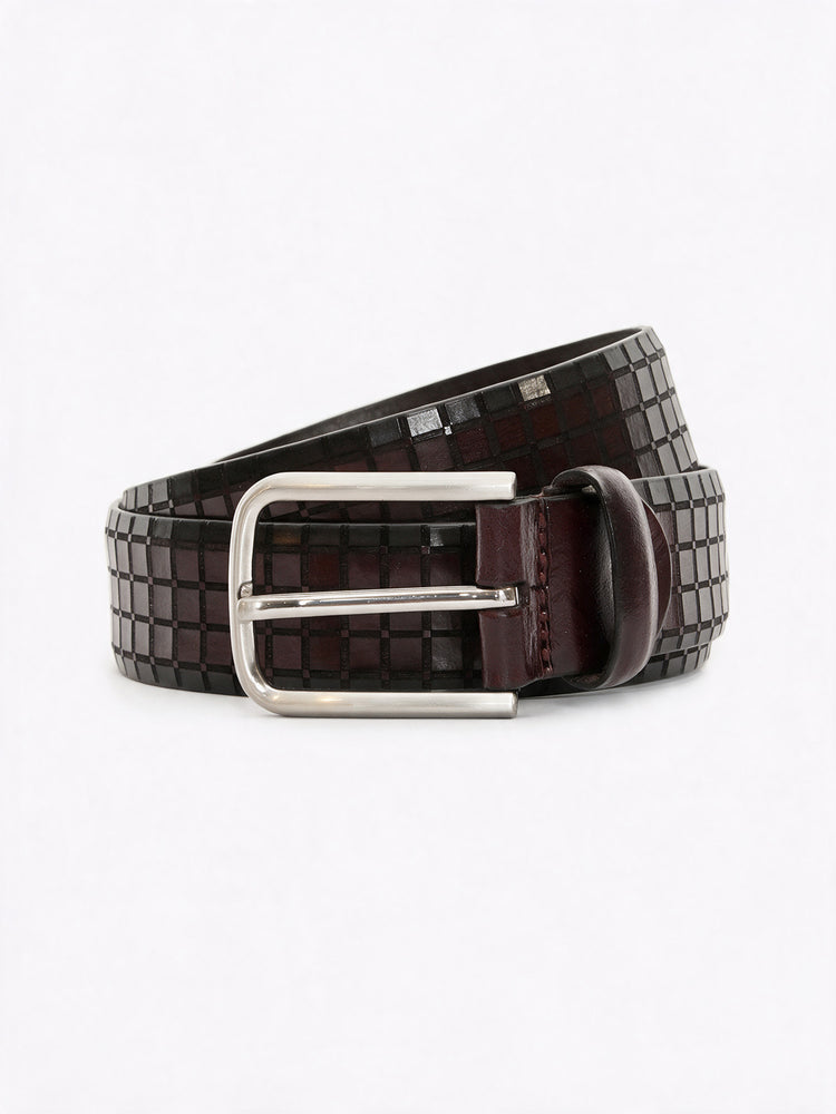 Checkered Grid Embossed Full Grain Leather Belt