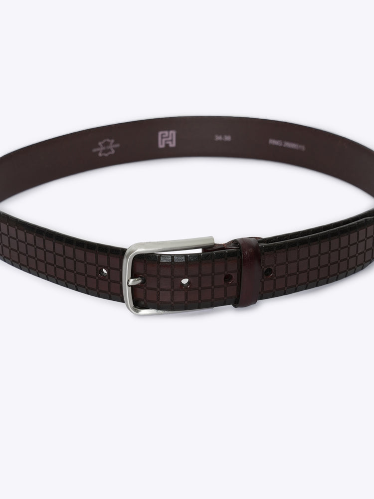 Checkered Grid Embossed Full Grain Leather Belt