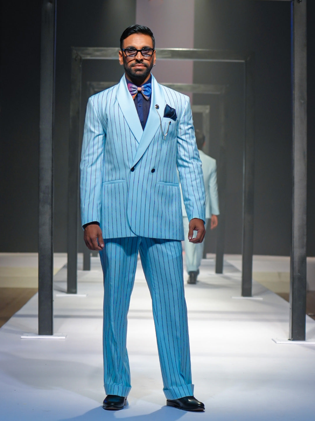 Printed Blue Stripe Designed Tailor Fit Suit
