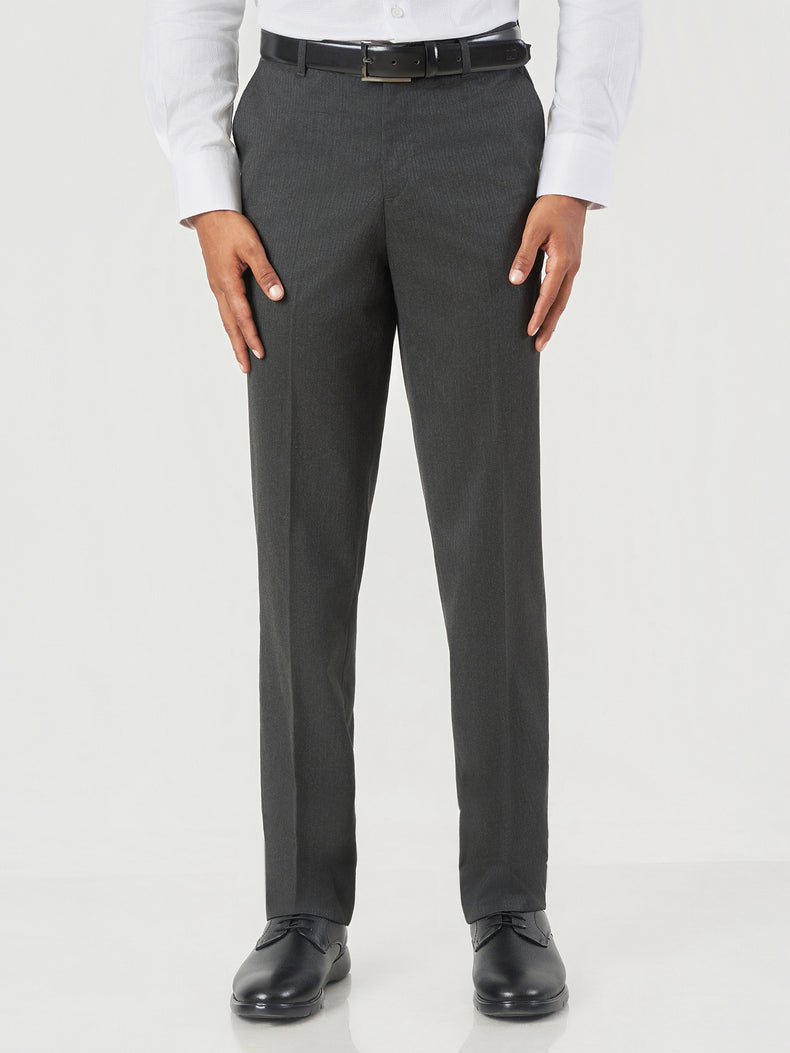 Charcoal Grey Striped Regular Fit Formal Trousers