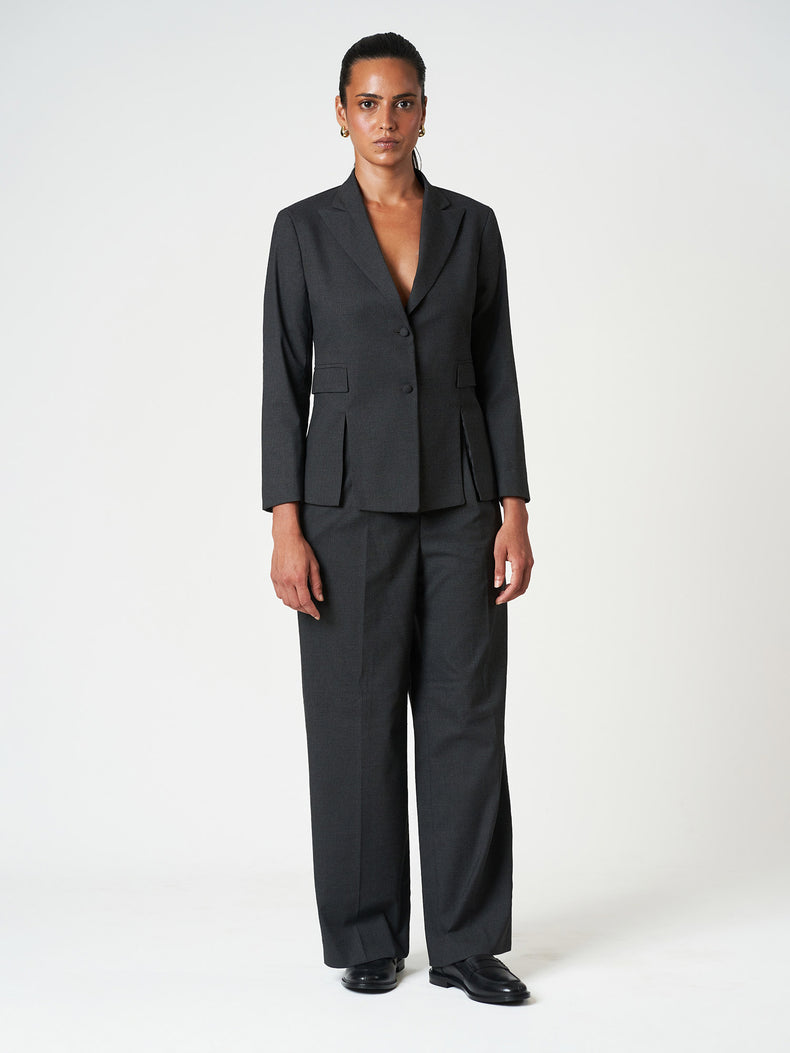 Charcoal Grey Micro-Check Formal Suit Set with Wide-Leg Trousers