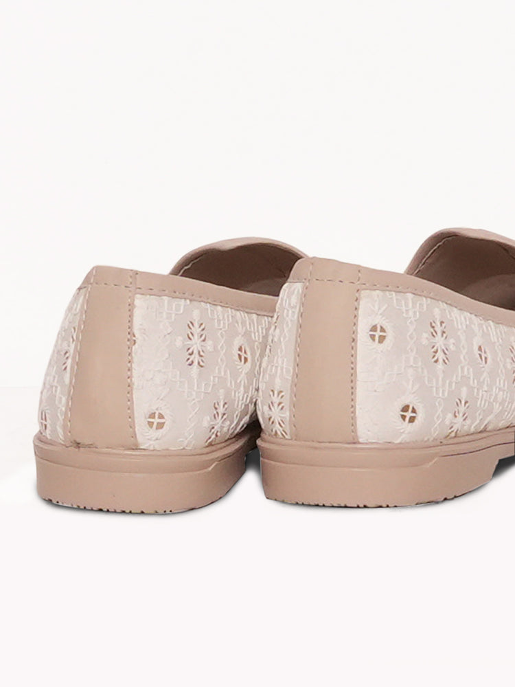 Cream Embroidered Ethnic Slip-On Shoes