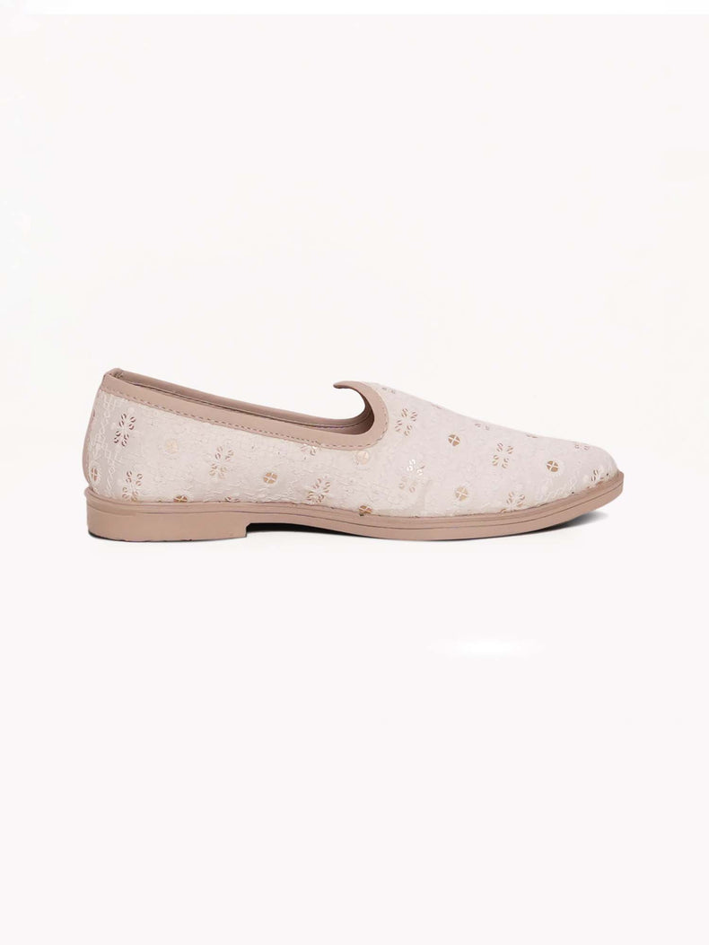 Cream Embroidered Ethnic Slip-On Shoes