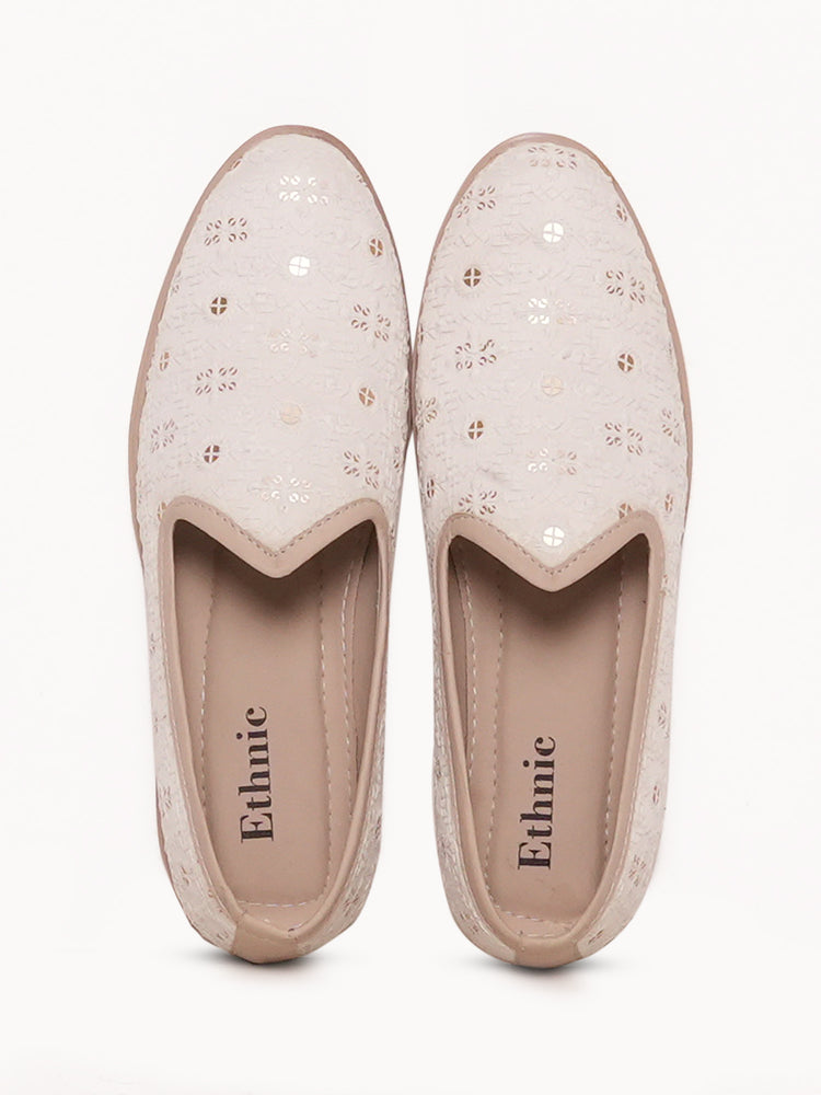 Cream Embroidered Ethnic Slip-On Shoes