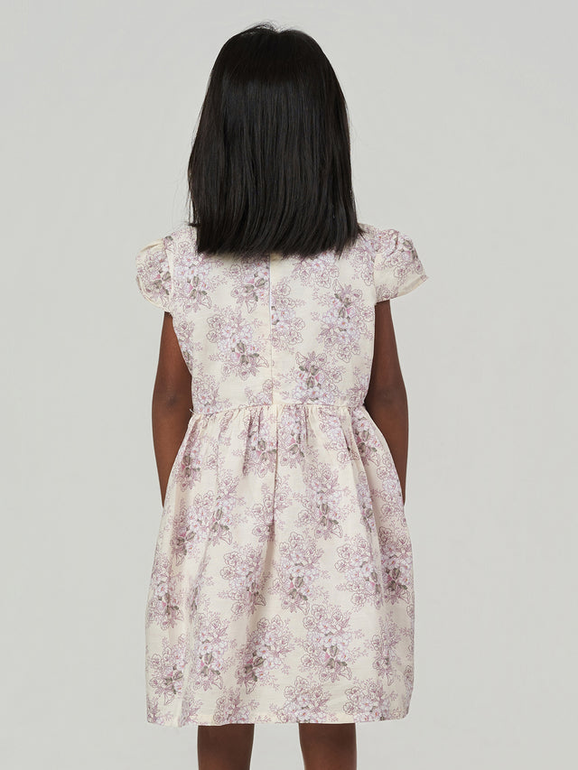 Cream Floral Printed Ruffle Sleeve Frock