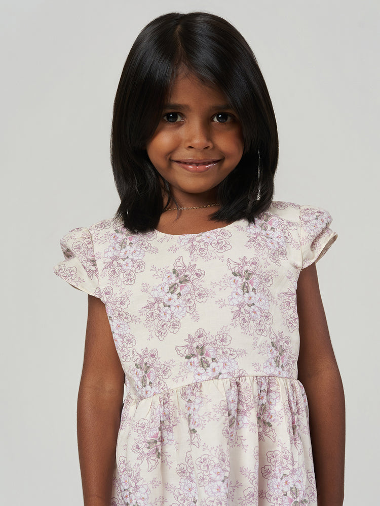 Cream Floral Printed Ruffle Sleeve Frock