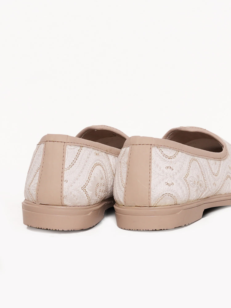 Cream Ornamental Embroidered Ethnic Slip-On Shoes