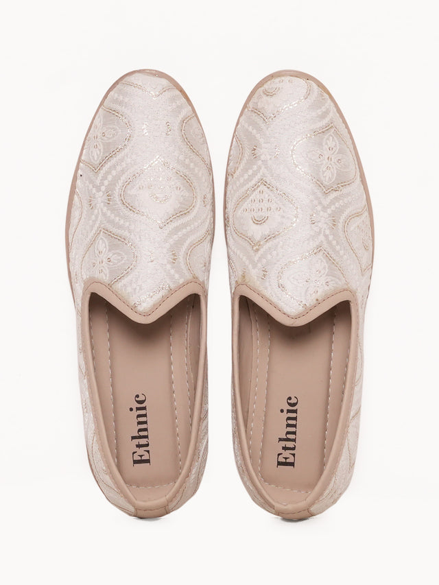 Cream Ornamental Embroidered Ethnic Slip-On Shoes