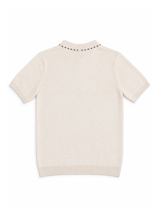 Cream Textured Knit Zip Polo Shirt