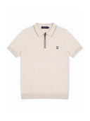 Cream Textured Knit Zip Polo Shirt