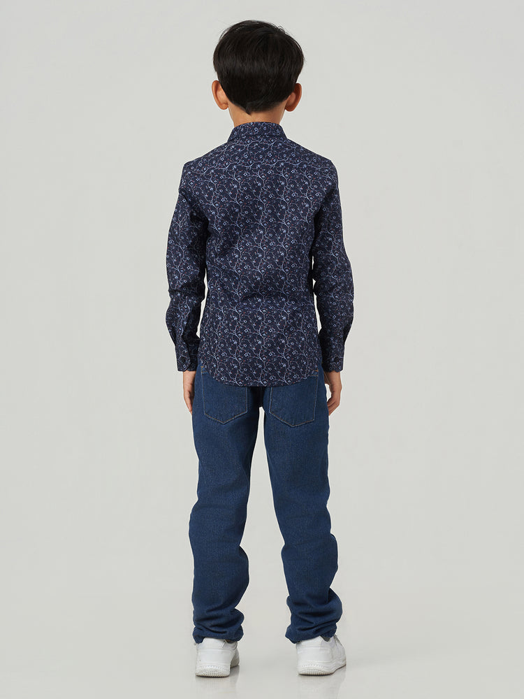 Dark Blue Floral Printed Cotton Long Sleeve Shirt