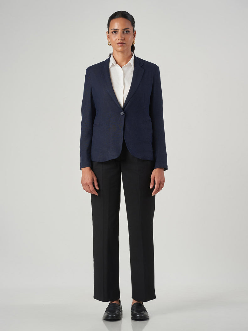Dark Blue Linen Blend Regular Fit Blazer
