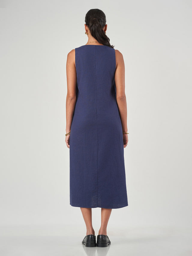 Dark Blue Linen Blend V-Neck Midi Dress