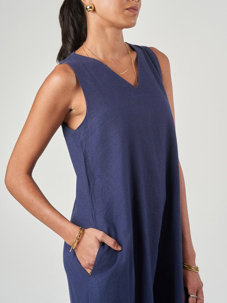 Dark Blue Linen Blend V-Neck Midi Dress