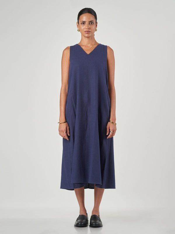 Dark Blue Linen Blend V-Neck Midi Dress