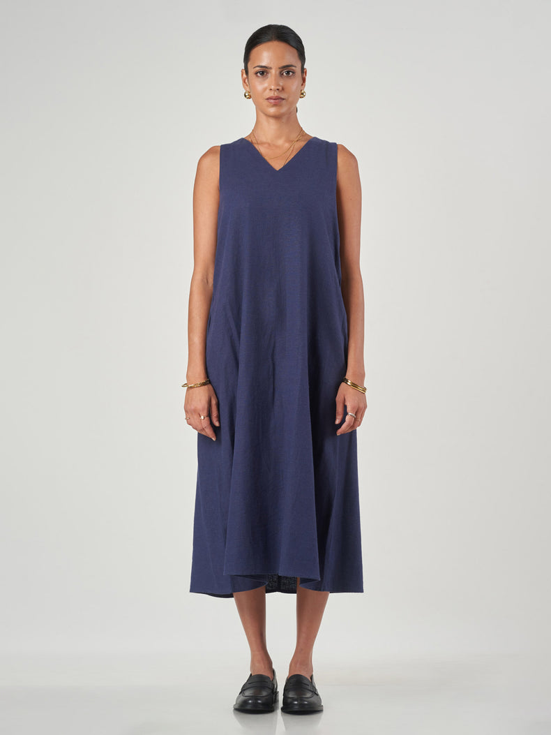 Dark Blue Linen Blend V-Neck Midi Dress