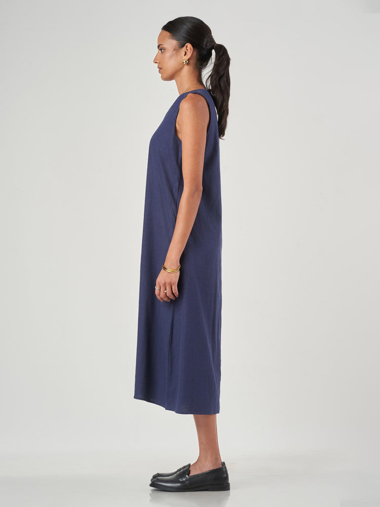 Dark Blue Linen Blend V-Neck Midi Dress
