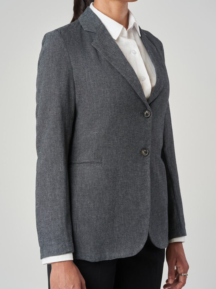 Dark Blue Linen-Cotton Notch Lapel Jacket