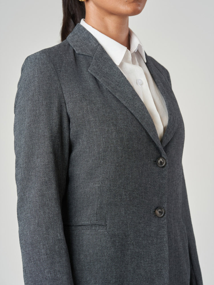 Dark Blue Linen-Cotton Notch Lapel Jacket