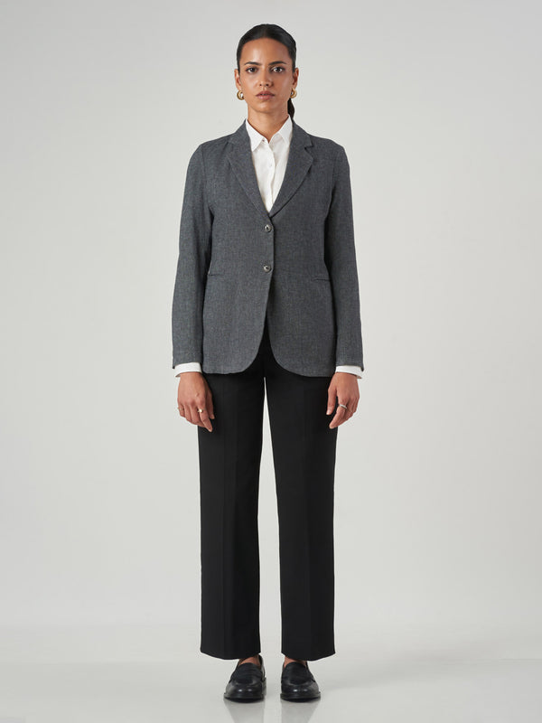 Dark Blue Linen-Cotton Notch Lapel Jacket