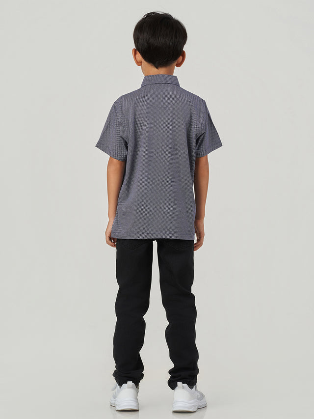 Dark Blue Micro Printed Cotton Polo T-Shirt