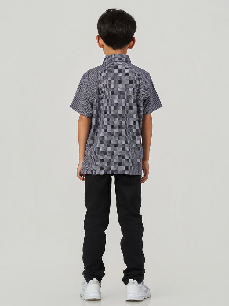 Dark Blue Micro Printed Cotton Polo T-Shirt