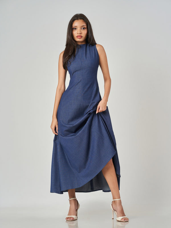 Dark Blue Sleeveless Regular Fit Maxi Frock