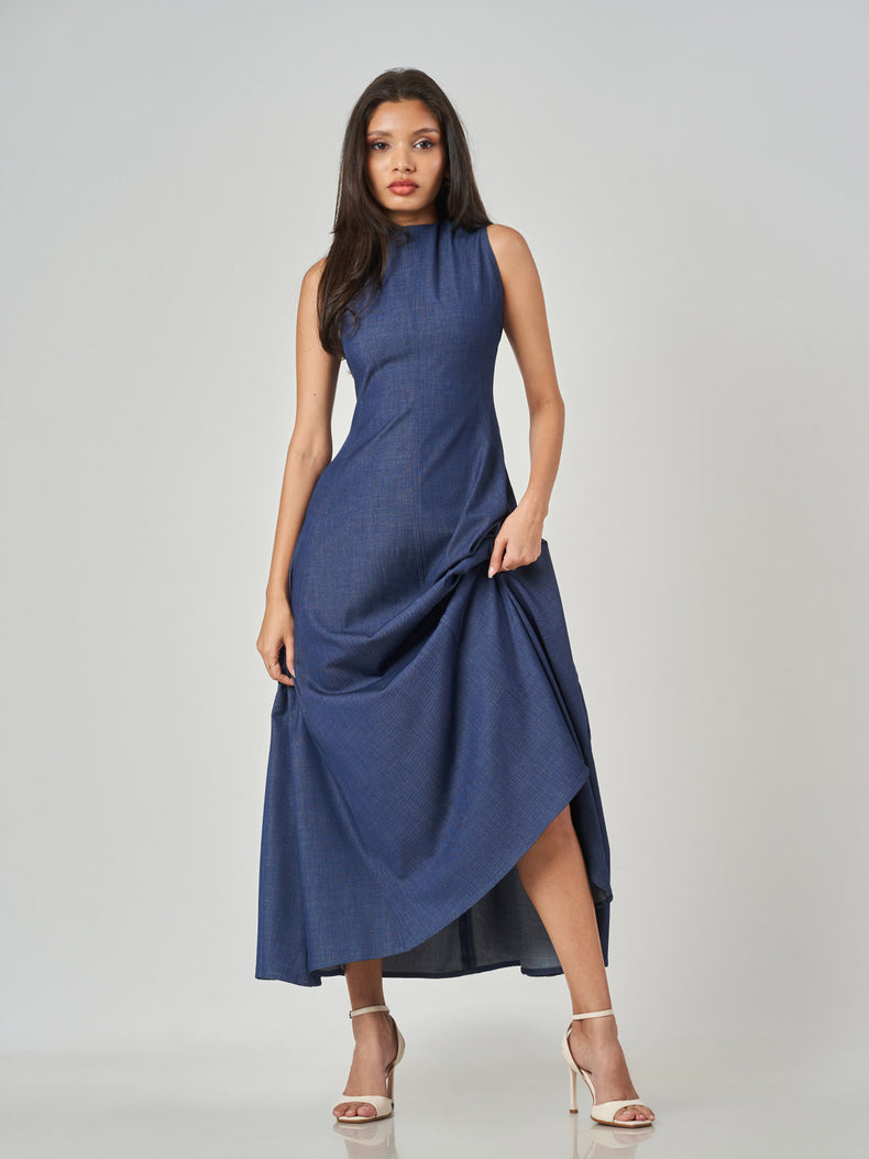 Dark Blue Sleeveless Regular Fit Maxi Frock