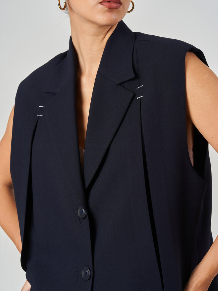 Dark Blue Loose Fit Sleeveless Formal Suit