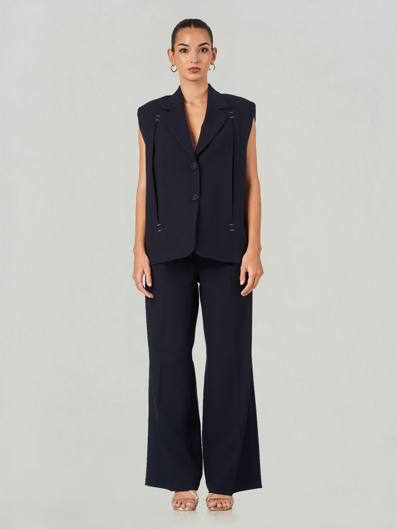 Dark Blue Loose Fit Sleeveless Formal Suit