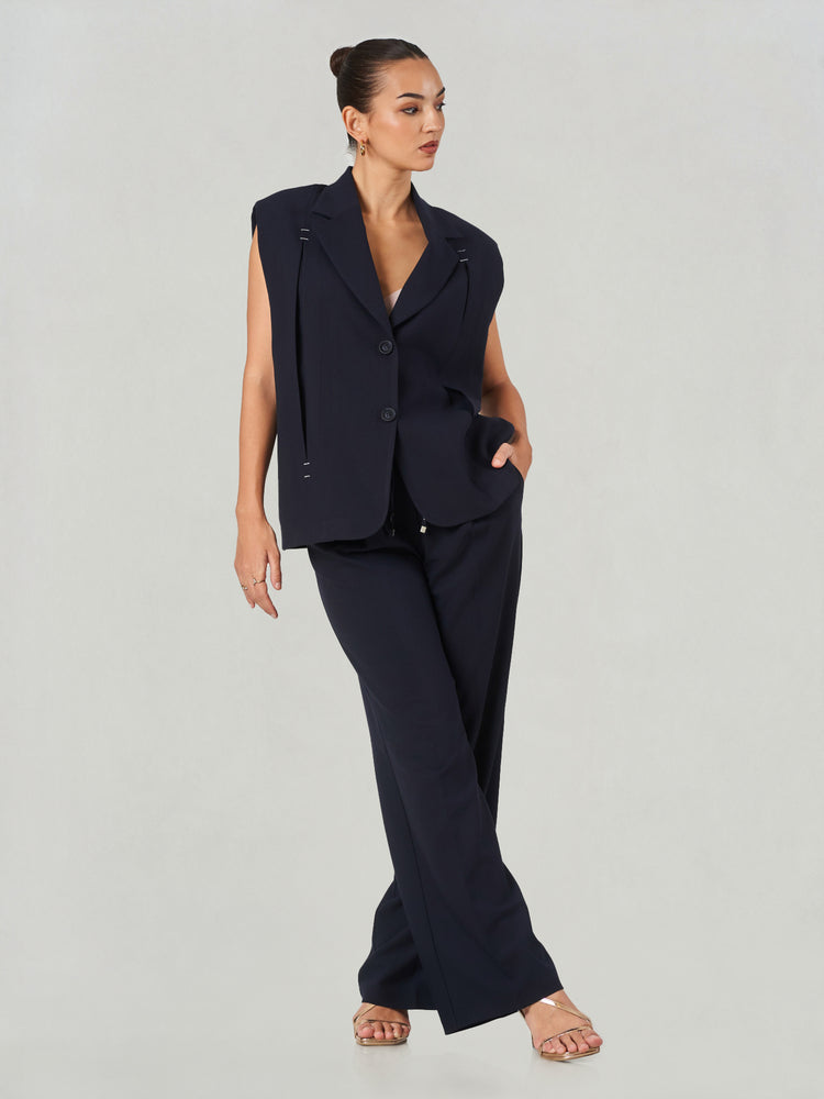 Dark Blue Loose Fit Sleeveless Formal Suit