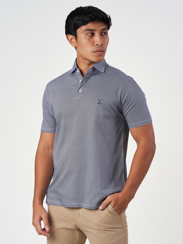 Dark Blue Printed Cotton Polo T-Shirt