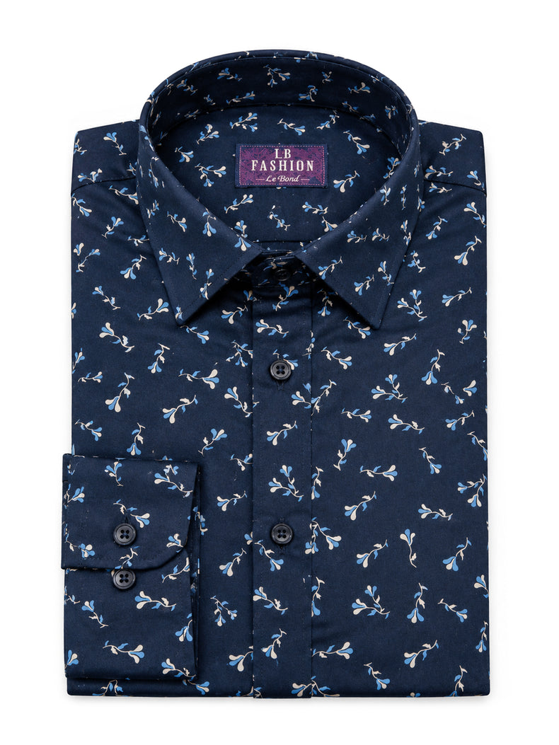 Dark Blue Printed Cotton Slim Fit Shirt