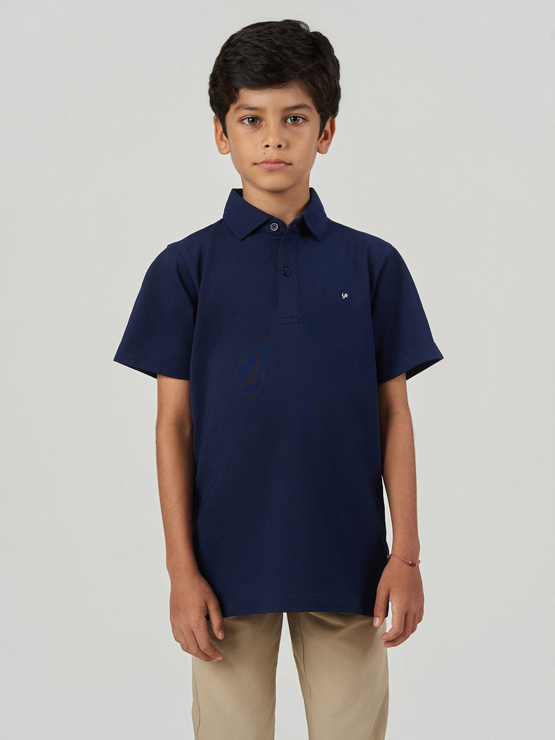 Dark Blue Solid Cotton Short Sleeve Polo T-Shirt