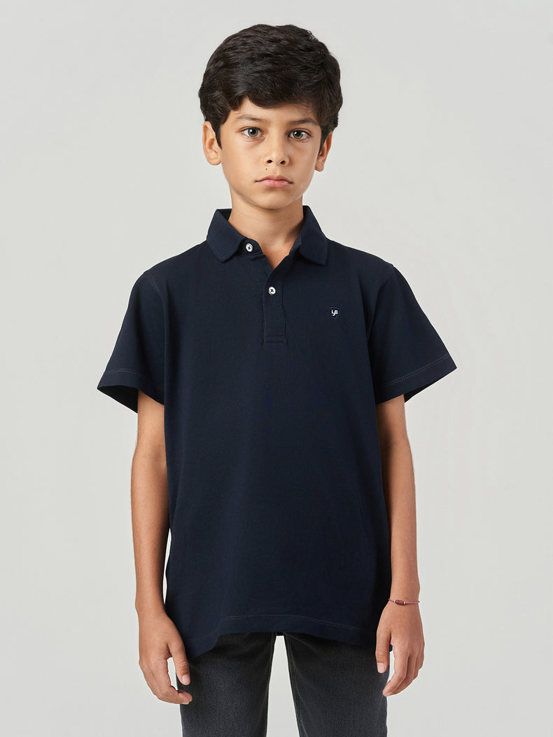 Dark Blue Solid Cotton Short Sleeve Polo T-Shirt