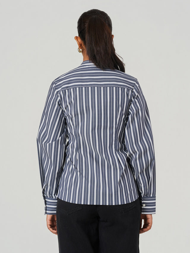 Striped Cotton Blend Tunic Collar Shirt