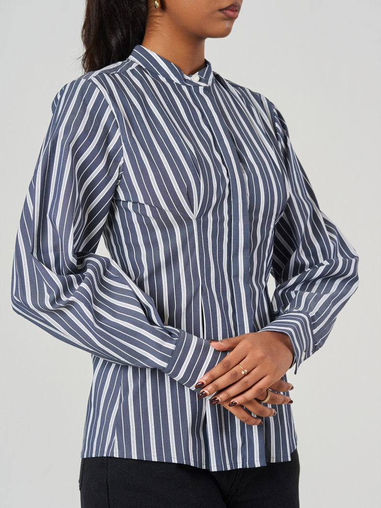 Striped Cotton Blend Tunic Collar Shirt