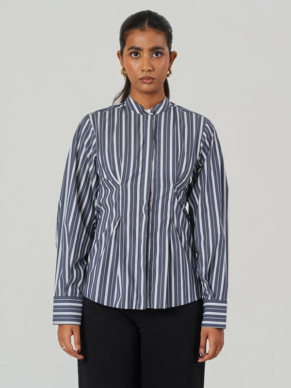 Striped Cotton Blend Tunic Collar Shirt